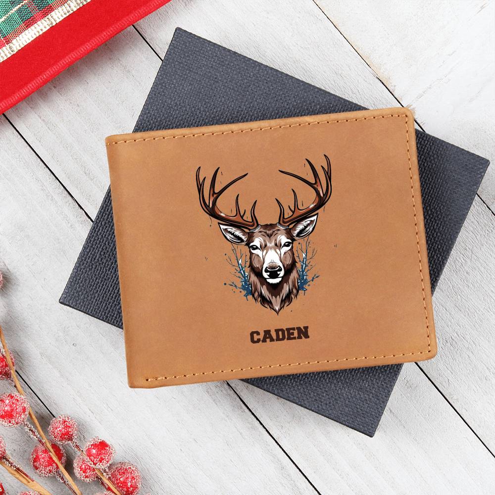 Personalized Men's Wallet with Deer Head and Antlers, Deer Hunter Gift, Leather Bifold Wallet for Him, Boyfriend, Husband, Son Friend