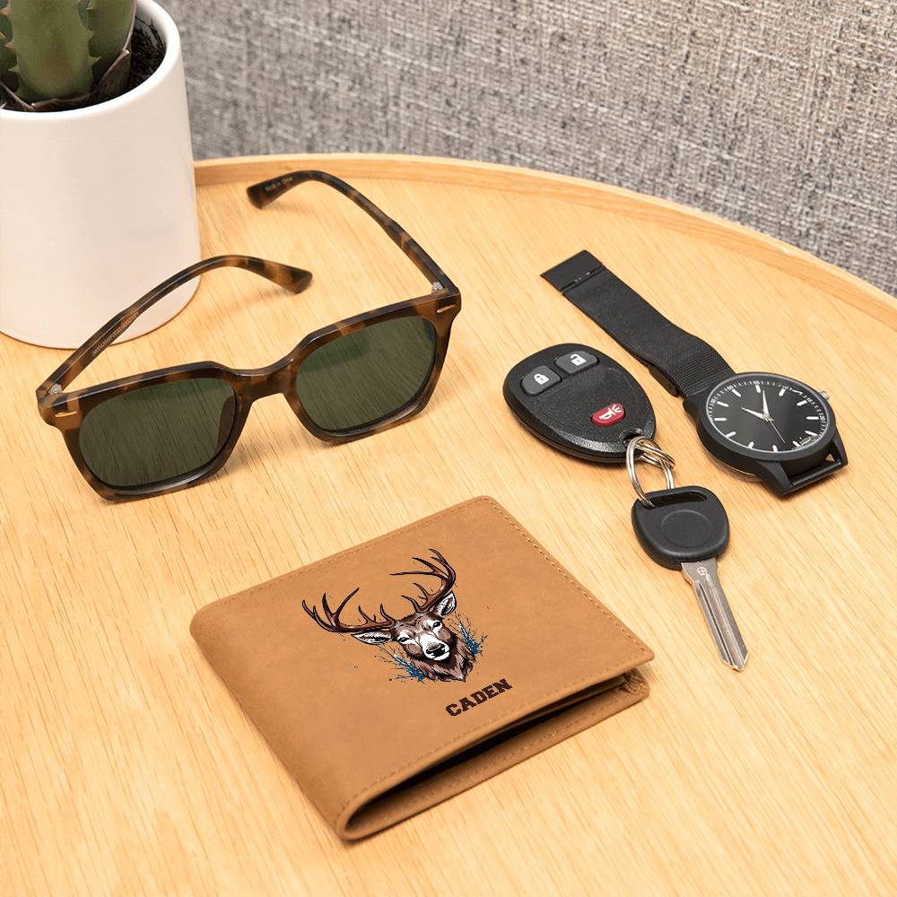 Personalized Men's Wallet with Deer Head and Antlers, Deer Hunter Gift, Leather Bifold Wallet for Him, Boyfriend, Husband, Son Friend