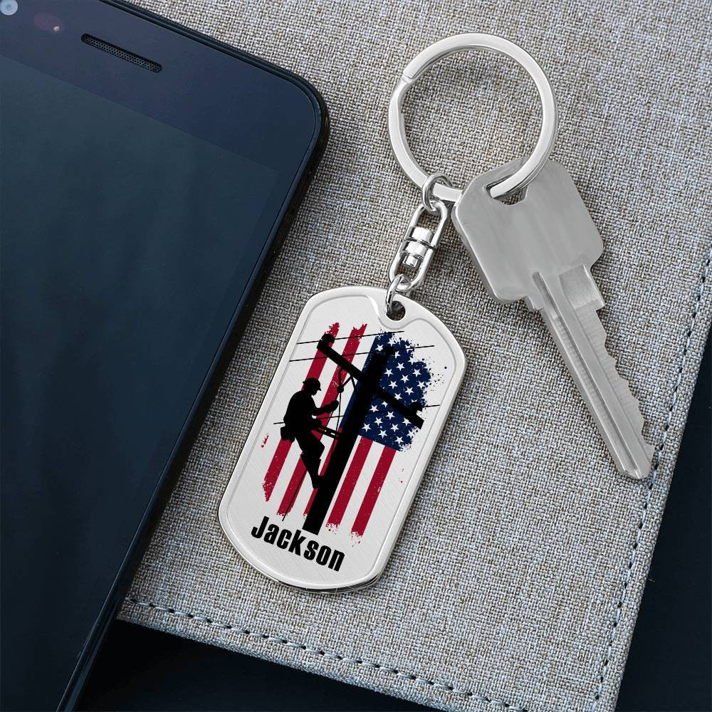 Lineman American Flag Keychain, Lineman gifts, Electrician Gift, Christmas Present from Line Wife, Custom Engraved Keychain