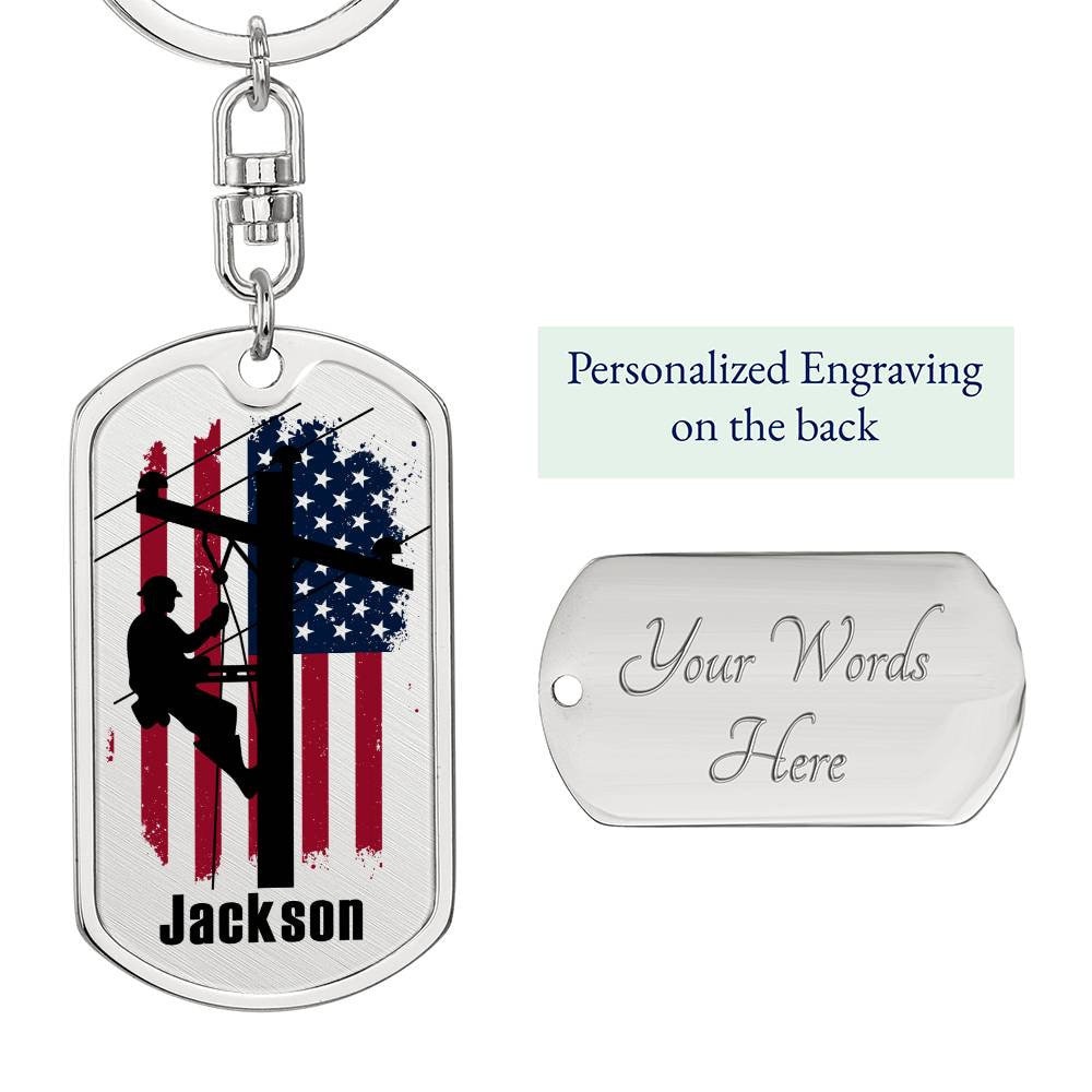 Lineman American Flag Keychain, Lineman gifts, Electrician Gift, Christmas Present from Line Wife, Custom Engraved Keychain